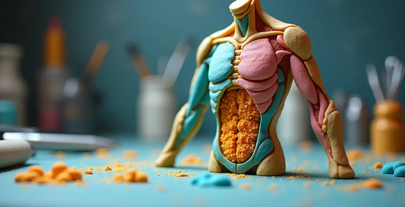 Gros plan sur l'assemblage d'un personnage en pâte à sucre montrant l'armature interne