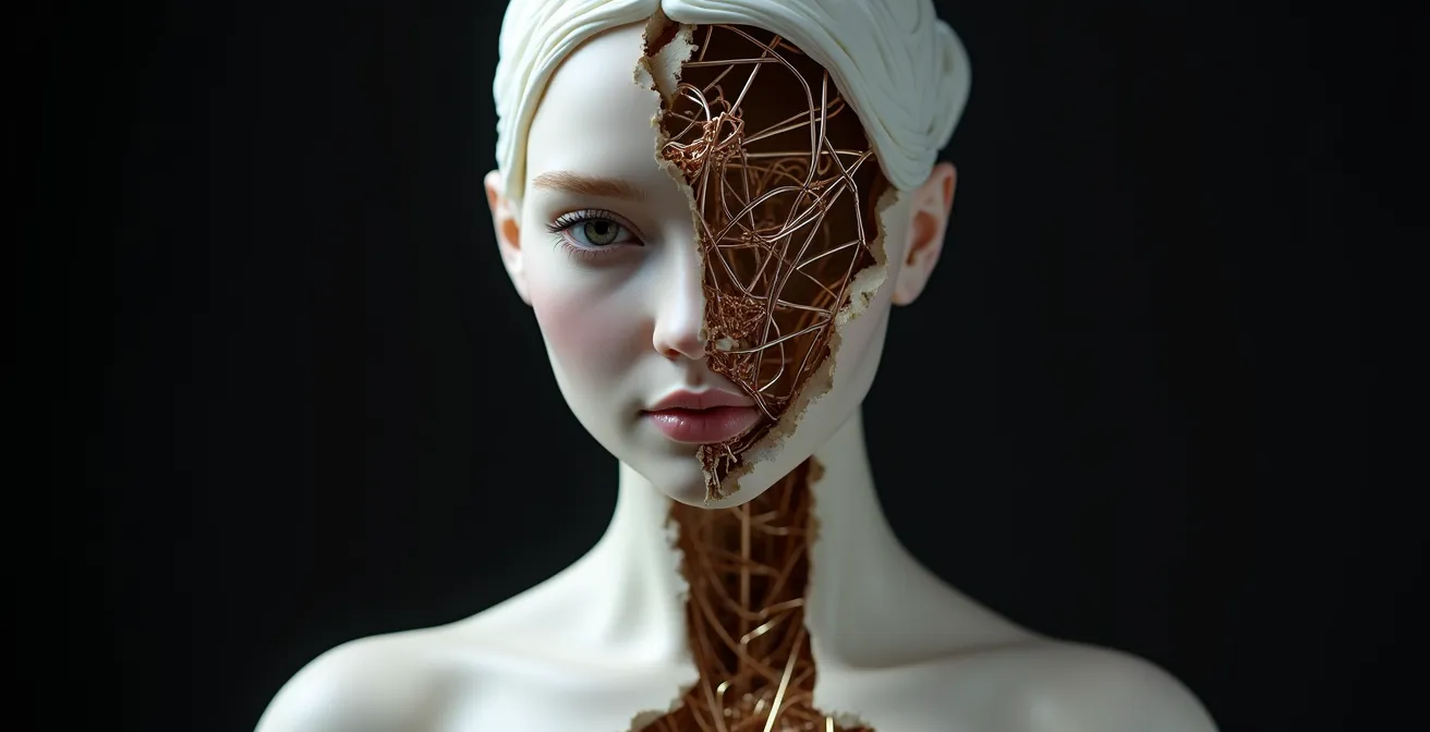 Coupe transversale montrant l'armature métallique à l'intérieur d'un personnage en sucre