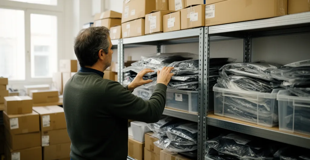 Arrière-boutique avec étagères et bacs de rangement de sacs