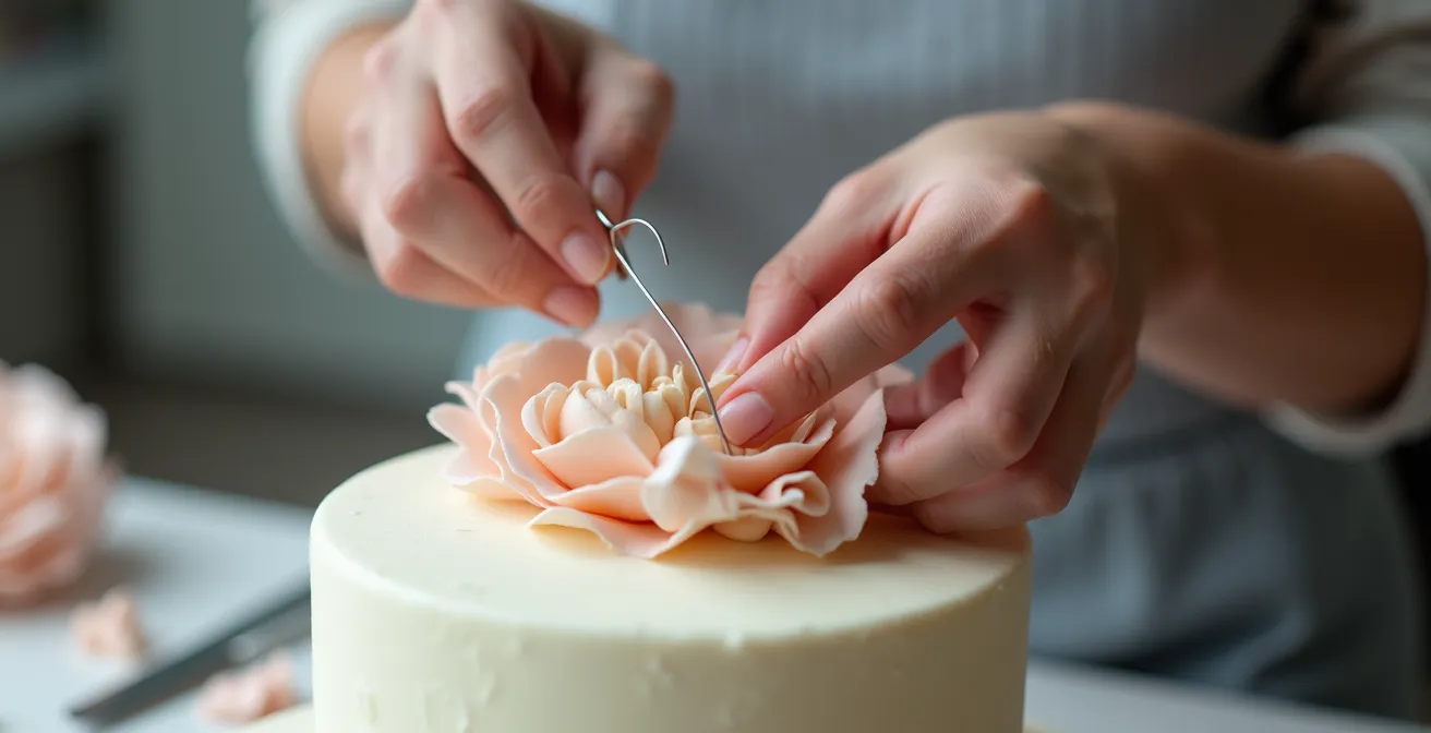 Structure de fils de fer torsadés maintenant les pétales de rose en gumpaste