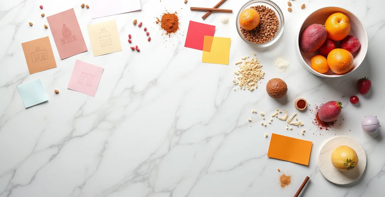 Vue aérienne d'un atelier créatif de pâtisserie avec moodboards et échantillons