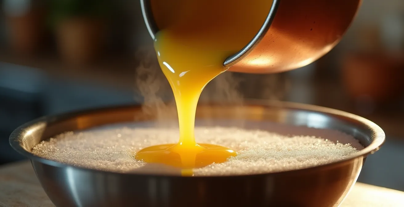 Beurre noisette doré versé dans un bol glacé avec vapeur visible