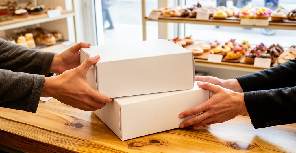 Boîtes à pâtisserie empilées sur un comptoir de boutique prêtes pour emballage