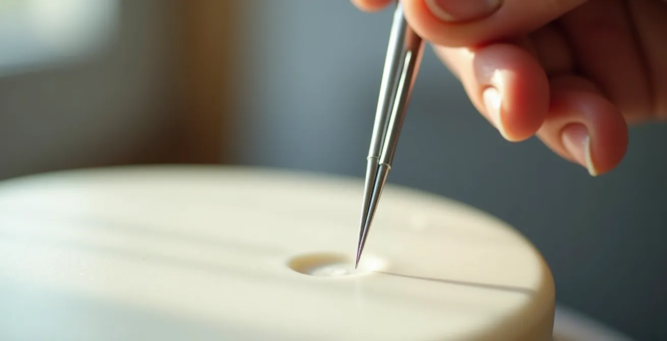 Main perçant délicatement une bulle d'air dans la pâte à sucre avec une épingle fine