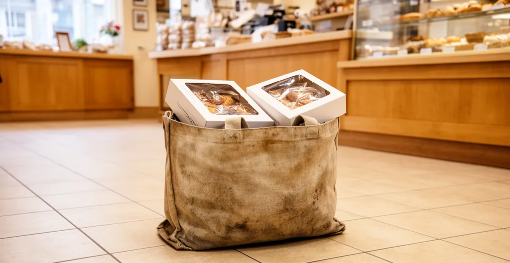 Sac cabas robuste posé au sol avec boîtes pâtissières bien calées à l'intérieur