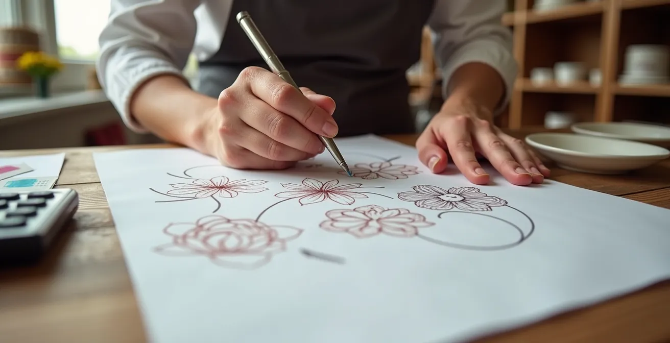 Bureau de pâtissier avec croquis de gâteaux et calculatrice pour établir un devis