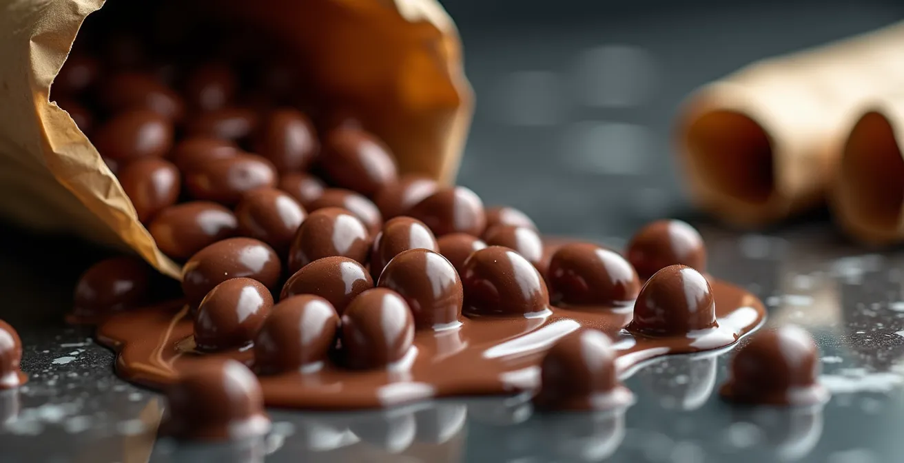 Sacs de chocolat de couverture professionnel et pistoles de chocolat disposés sur un plan de travail