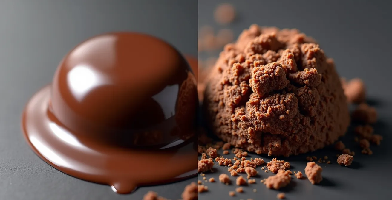 Comparaison visuelle entre chocolat lisse et chocolat grippé montrant les grumeaux caractéristiques