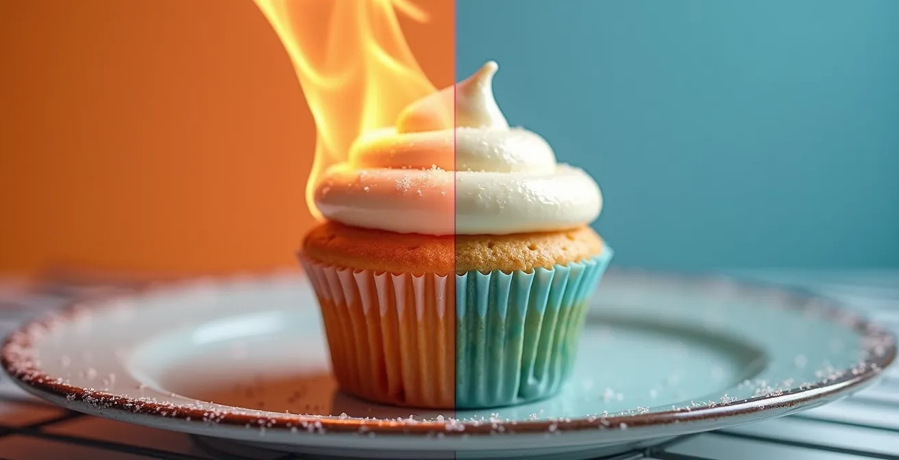 Vue macro d'un cupcake avec thermomètre montrant la température idéale pour la décoration