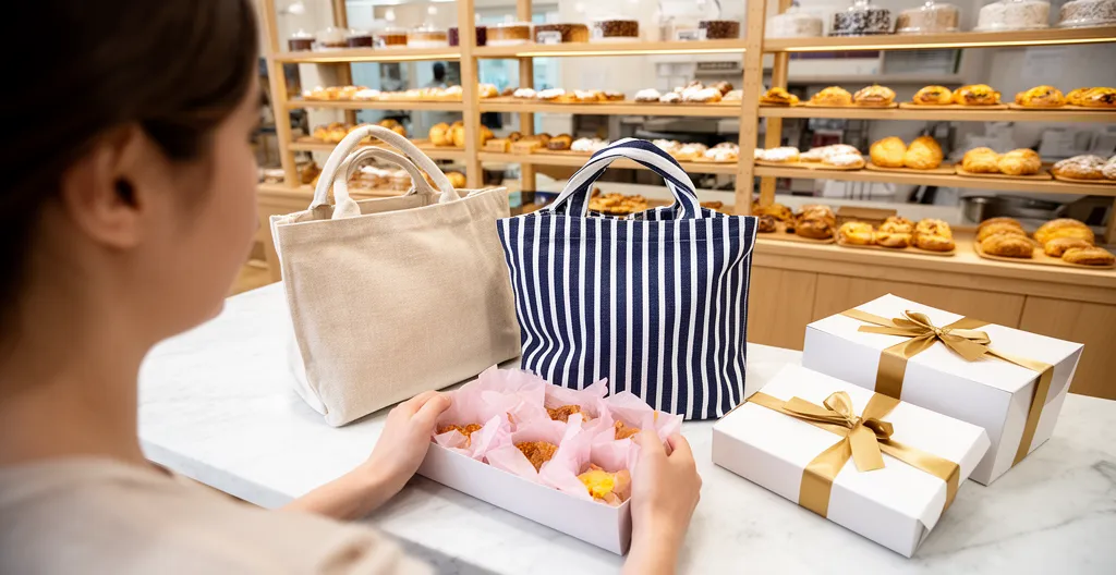 Comparaison de deux sacs cabas sur comptoir de pâtisserie avec boîtes à cupcakes