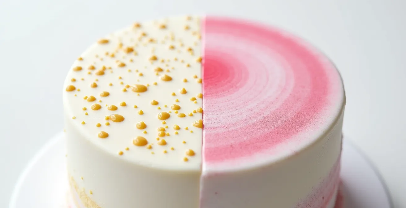 Comparaison macro de deux pulvérisations de colorant sur pâte à sucre