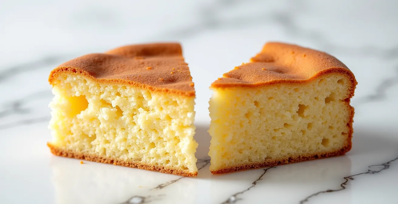 Coupe transversale de deux gâteaux montrant la différence de cuisson selon la température, l'un plat et l'autre bombé.