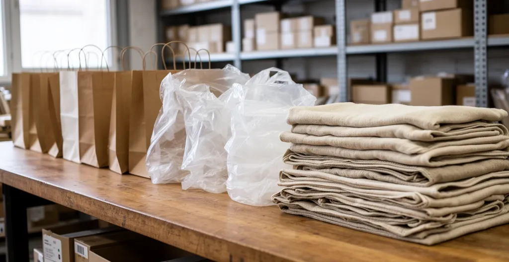 Différents types de sacs biodégradables alignés sur un comptoir de boutique