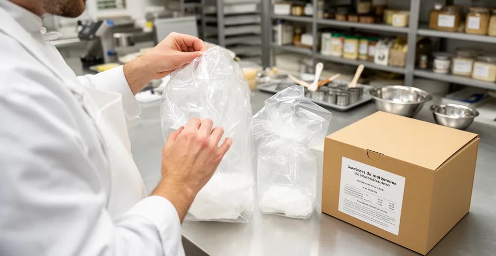 Comparaison de formats de sacs d'emballage à côté de boîtes pâtissières en atelier