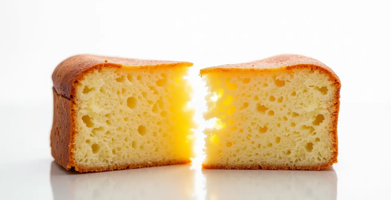Coupe transversale de deux cakes montrant la différence de texture entre beurre et huile après conservation