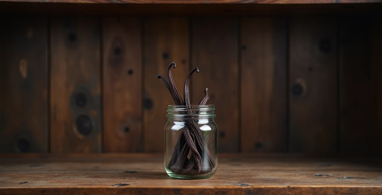 Bocal en verre hermétique contenant des gousses de vanille sur étagère en bois sombre