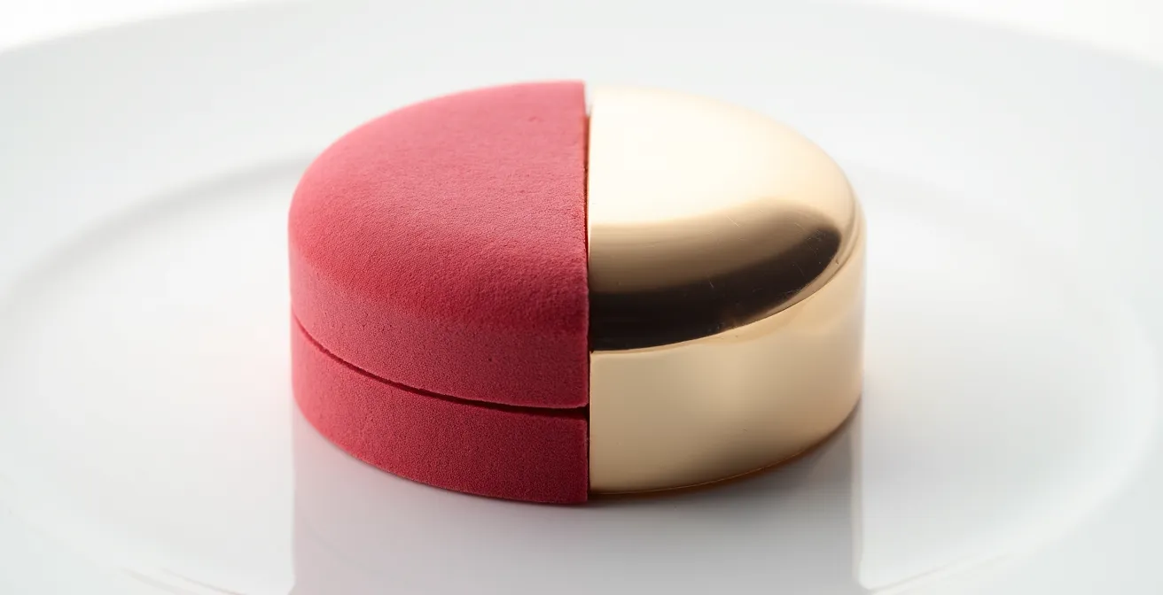 Entremets moderne montrant une moitié effet velours mat et l'autre moitié glaçage miroir brillant