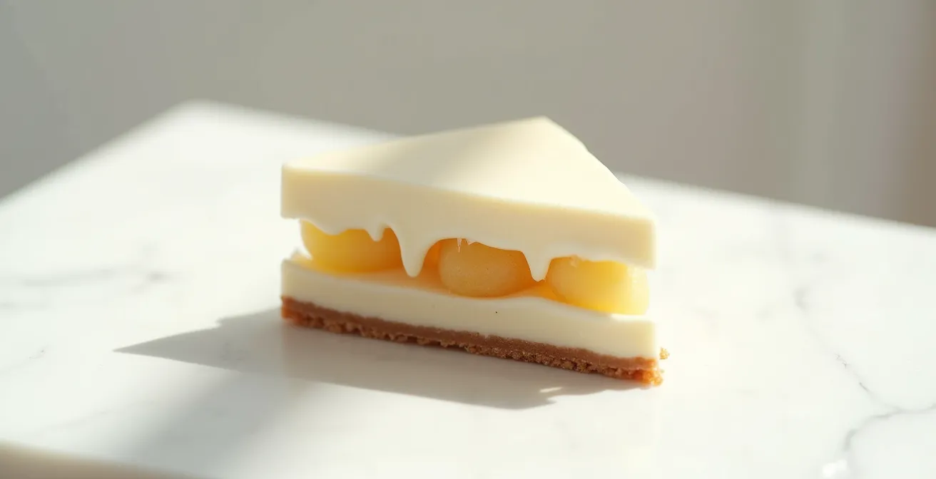 Vue en coupe d'un entremets montrant un insert doré brillant parfaitement isolé dans une mousse