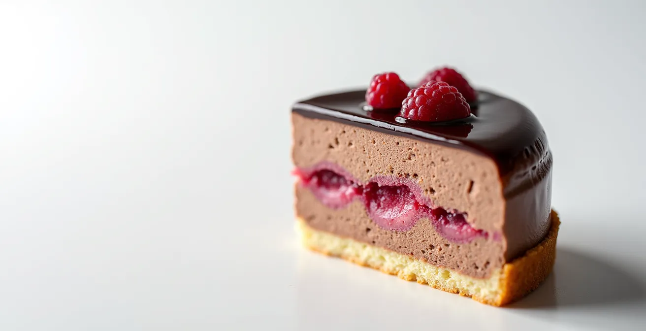 Vue en coupe d'un entremets montrant les différentes couches et leurs proportions