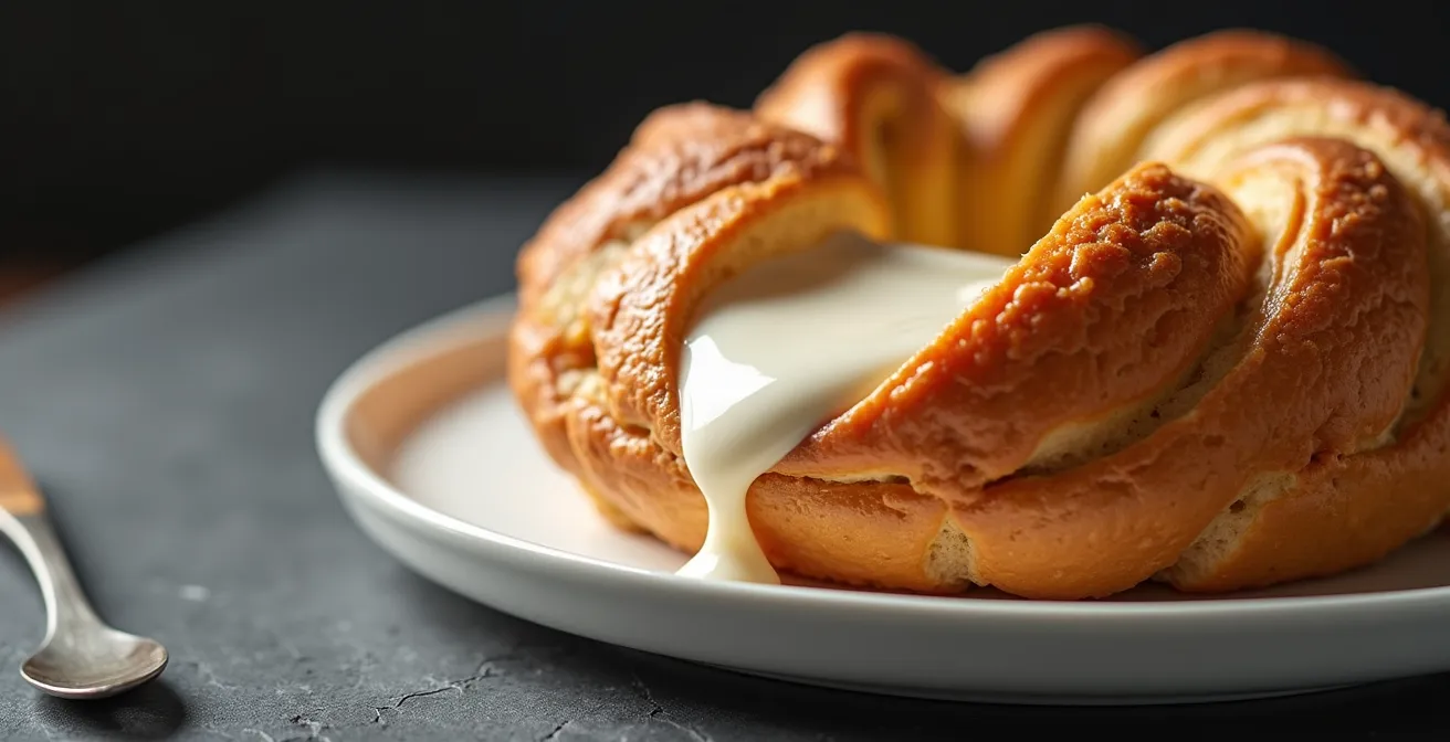Gros plan macro sur un Paris-Brest déconstruit avec crème pralinée fluide et pâte à choux dorée, textures contrastées visibles