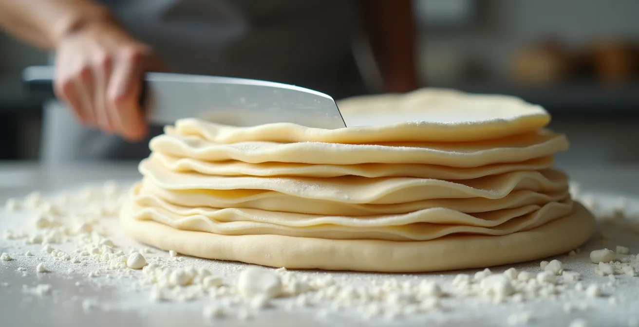 Vue latérale d'une lame coupant verticalement une pâte feuilletée sans écraser les bords