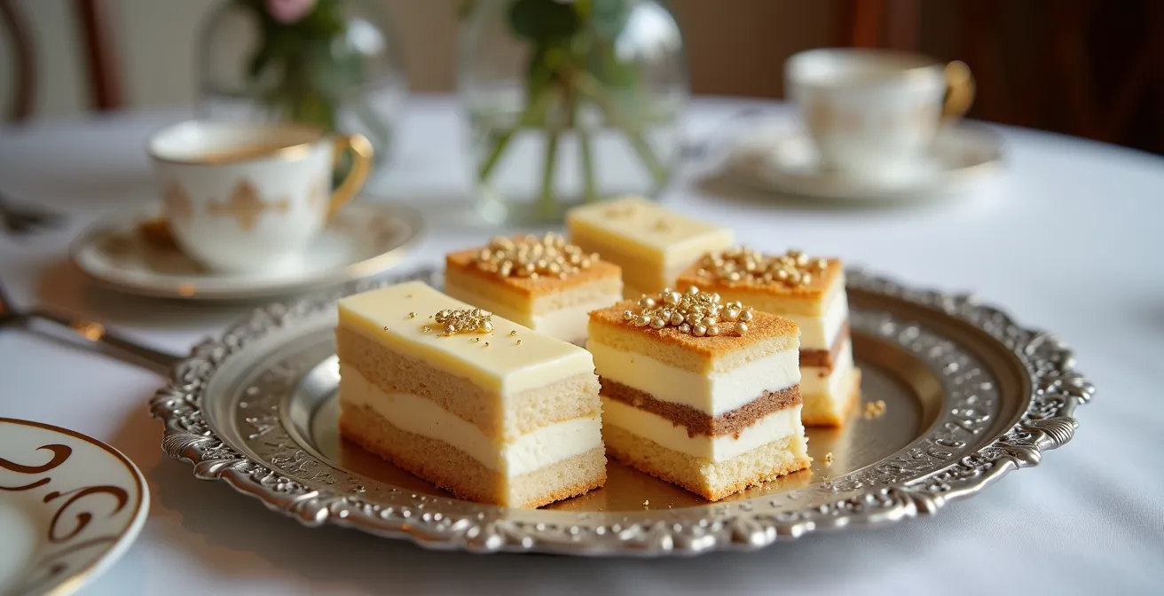 Dégustation d'échantillons de gâteaux de mariage disposés élégamment sur plateau en argent