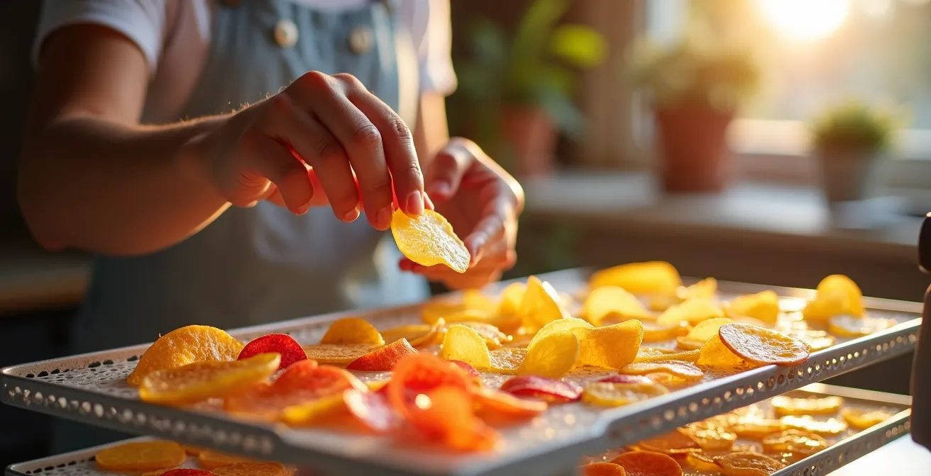 Plateaux de déshydrateur avec meringues colorées et chips de fruits translucides
