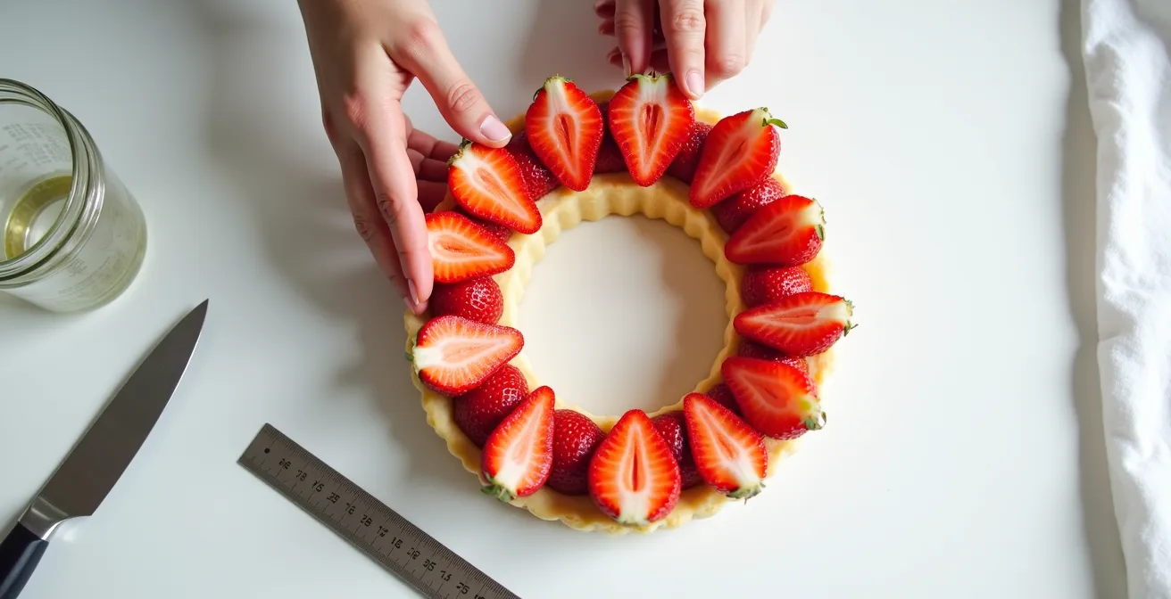 Disposition géométrique de fraises coupées en deux formant un motif circulaire parfait contre un cercle à pâtisserie