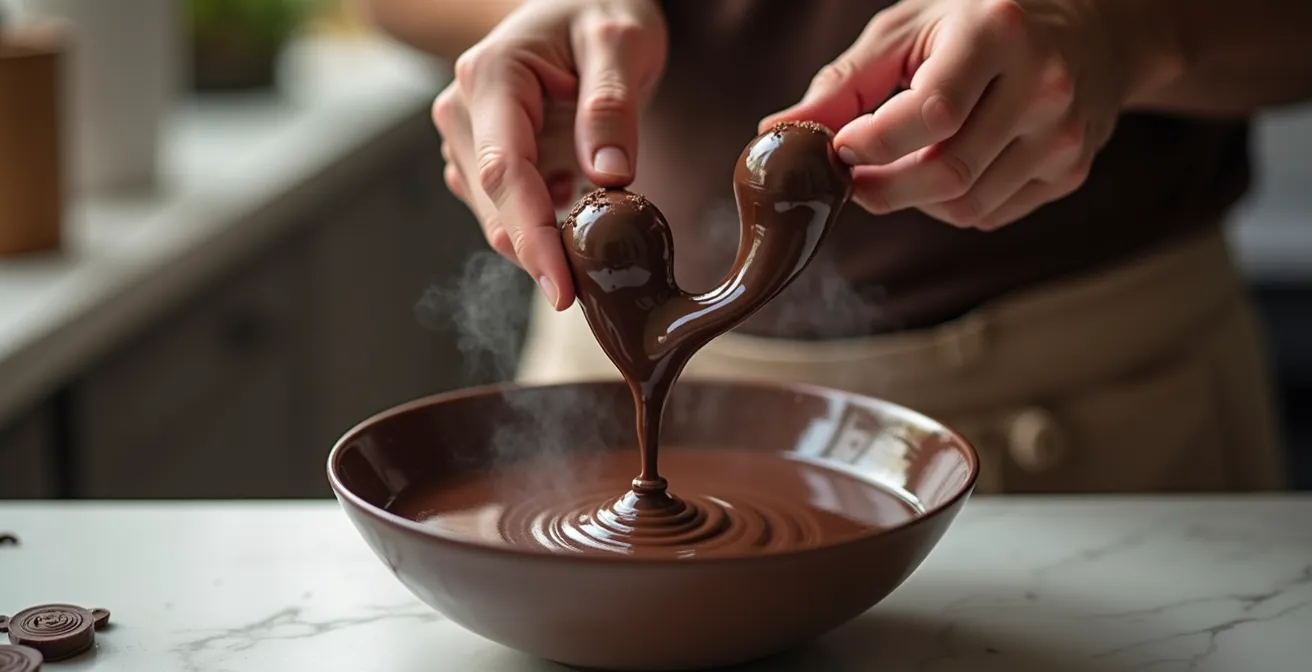 Mains versant des pistoles de chocolat dans un bol de chocolat fondu pour l'ensemencement