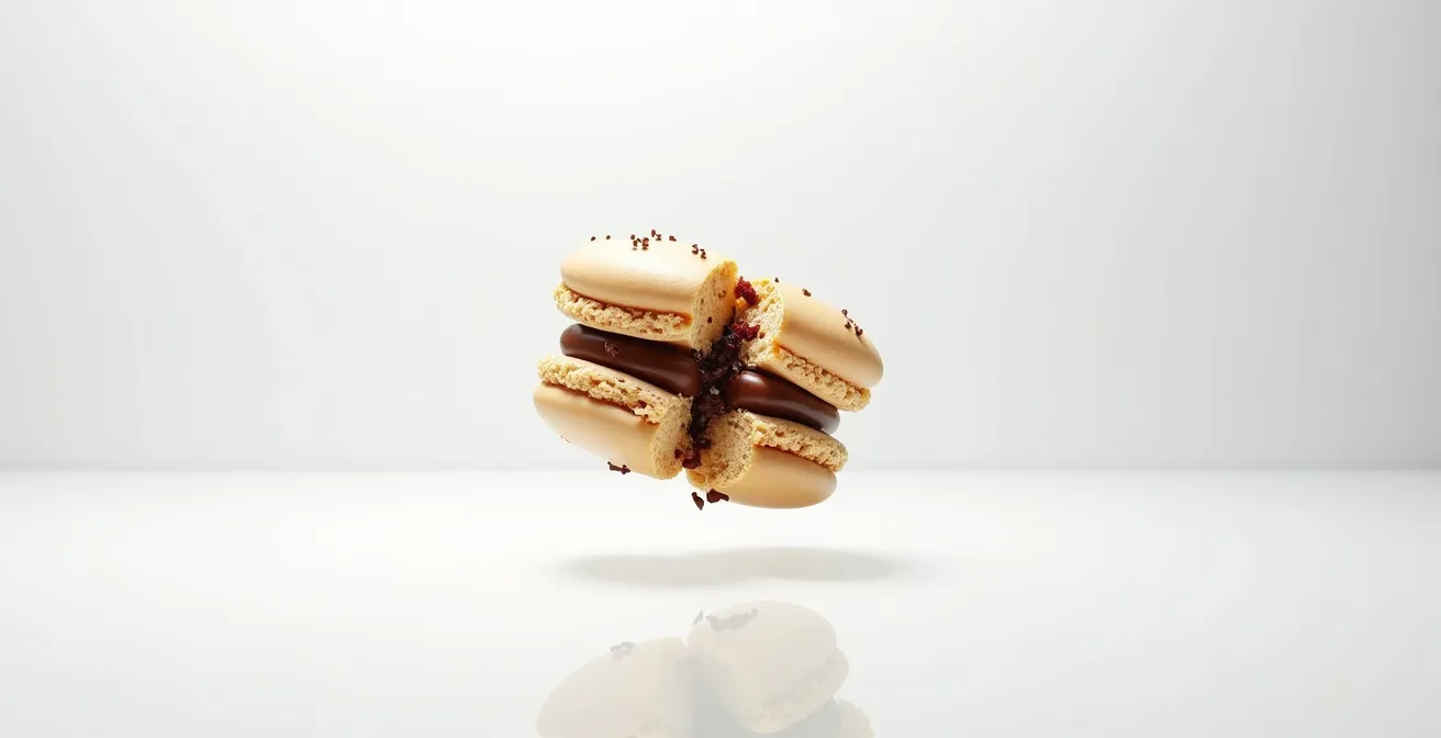 Vue rapprochée d'un macaron français coupé en deux montrant le contraste entre coque croustillante et ganache crémeuse