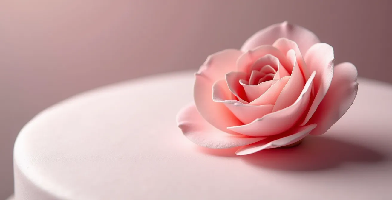 Gâteau minimaliste avec espaces vides stratégiques mettant en valeur un détail décoratif unique