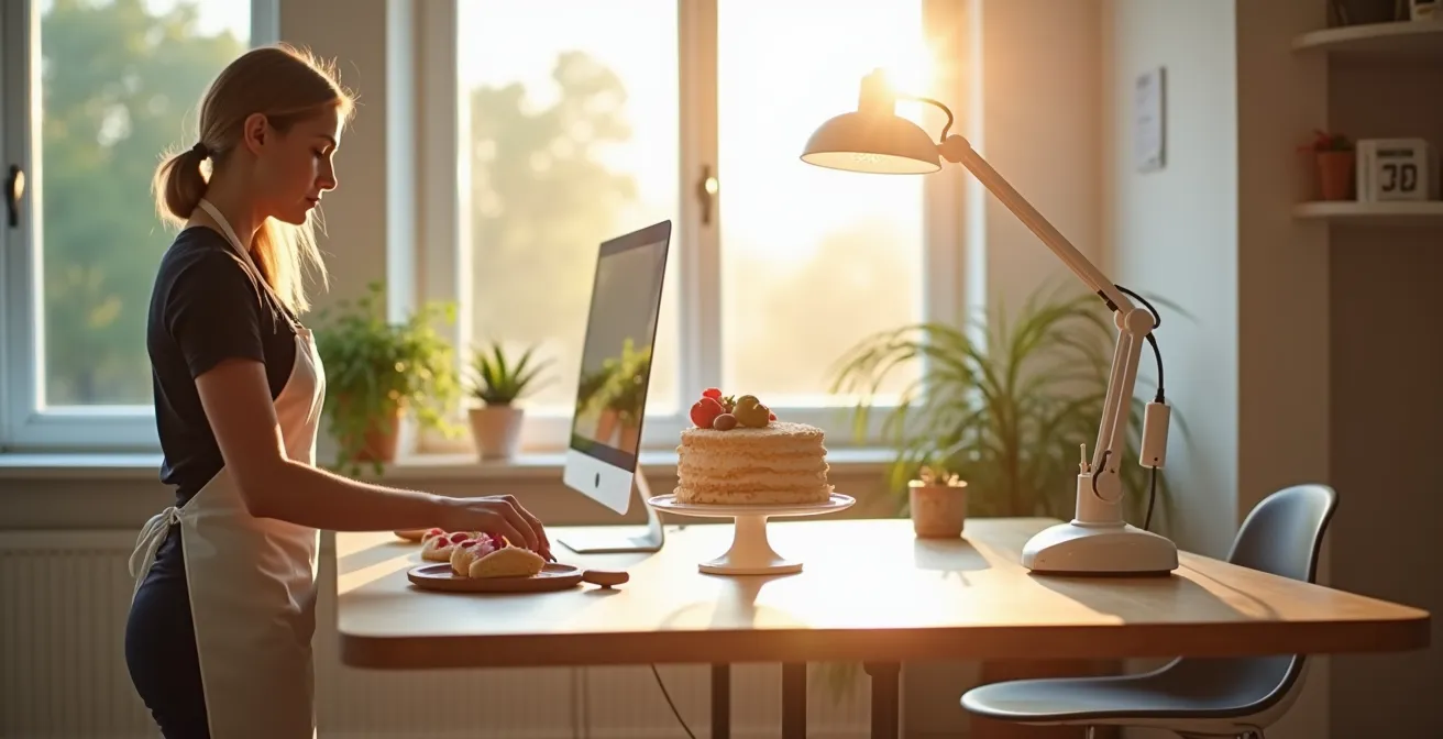 Espace de travail ergonomique pour cake design avec éclairage naturel et table ajustable