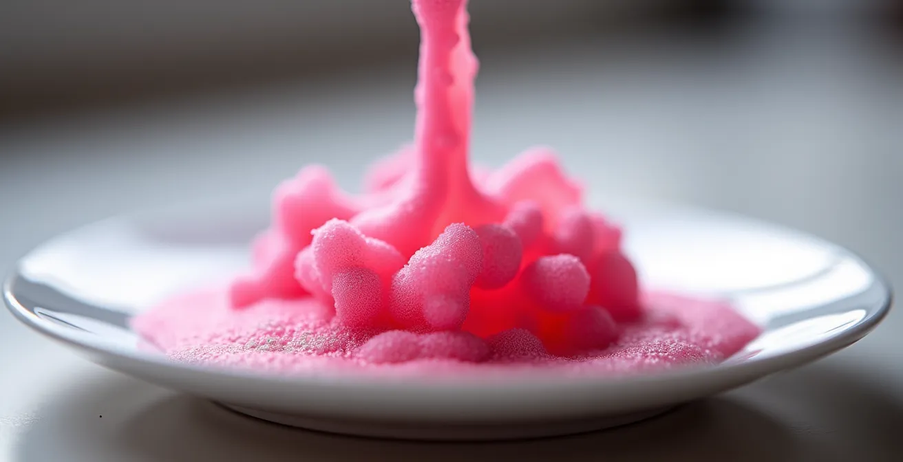 Espuma de betterave rose aérien sur assiette blanche minimaliste