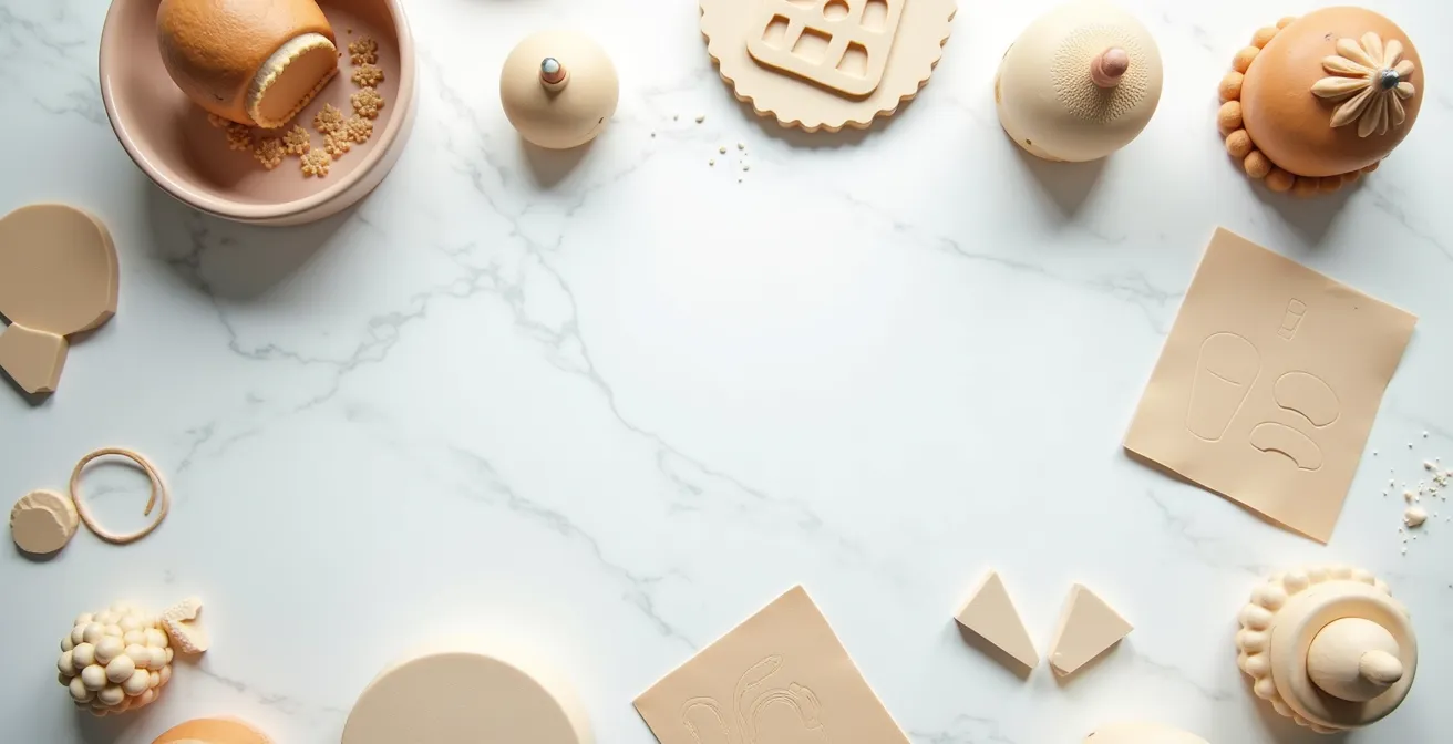 Vue aérienne minimaliste d'un espace de travail créatif avec croquis et maquettes de gâteaux