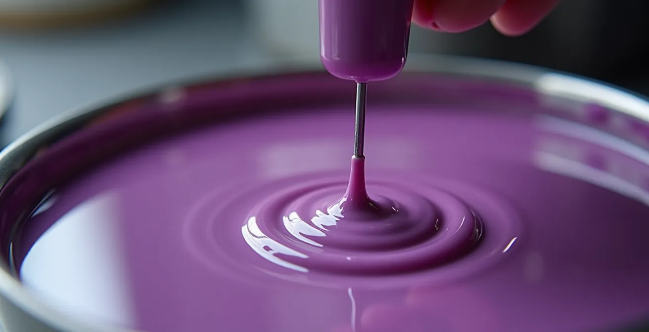 Thermomètre numérique plongé dans un glaçage miroir violet montrant 34°C
