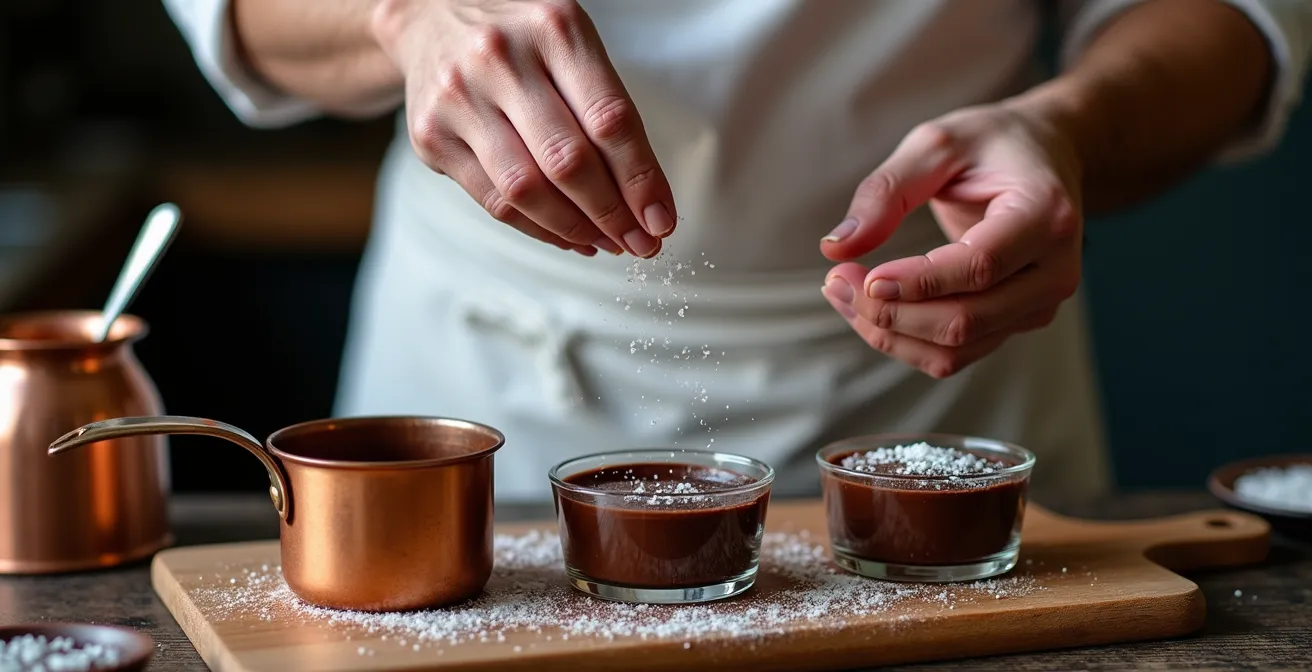 Main d'un pâtissier saupoudrant délicatement de la fleur de sel sur une ganache au chocolat noir presque prise.