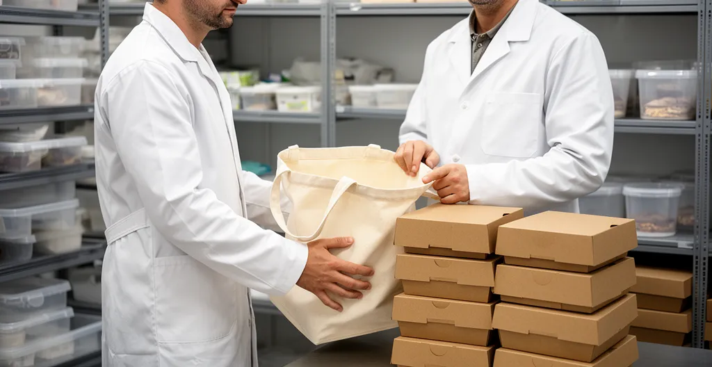 Gérant de pâtisserie tenant un sac de livraison réutilisable à côté de boîtes empilées