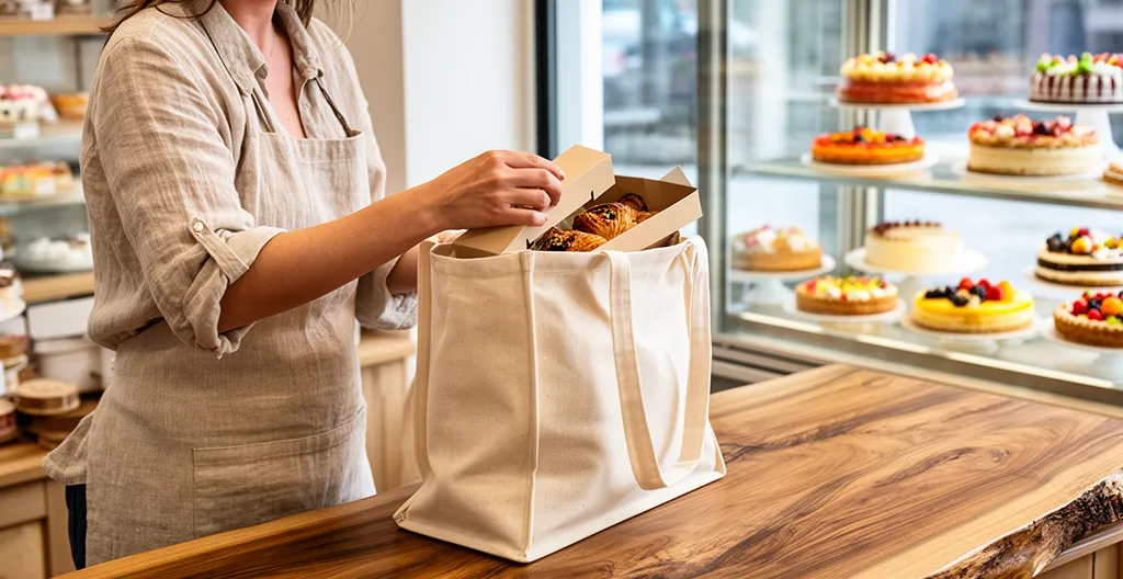 Gérante de pâtisserie glissant une boîte à cupcakes dans un sac cabas réutilisable sur comptoir
