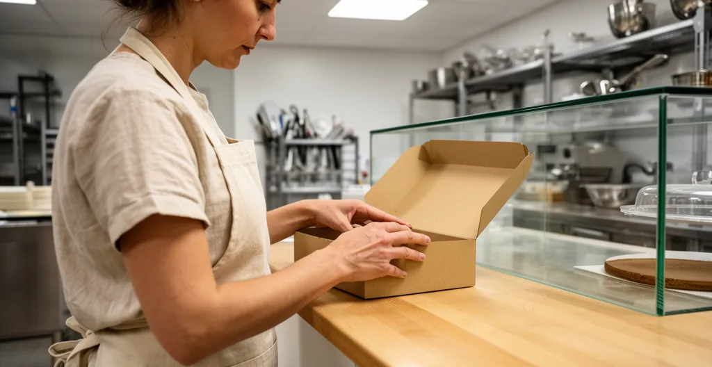 Préparation de commande à emporter dans une pâtisserie artisanale