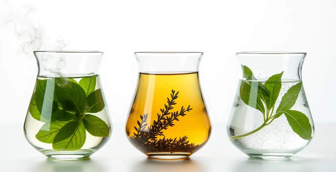 Comparaison visuelle de trois infusions d'herbes à différentes températures, montrant l'impact sur la couleur et la clarté.