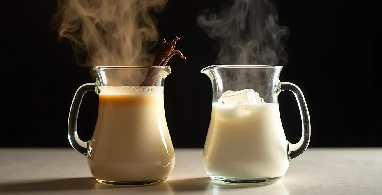 Deux verres de lait avec gousses de vanille, vapeur d'un côté, glaçons de l'autre