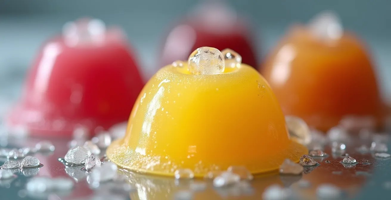 Vue macro de trois inserts colorés dans leurs moules silicone avec textures visibles et cristaux de givre