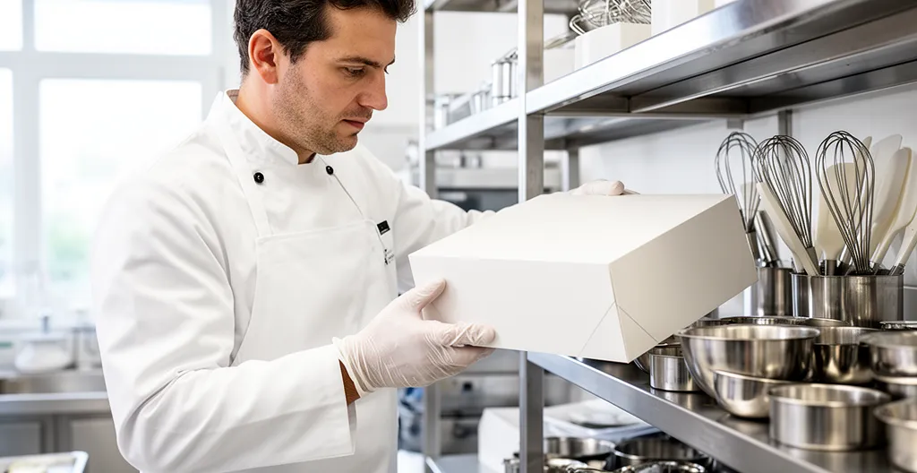 Pâtissier déposant une boîte fermée sur une étagère de préparation en laboratoire