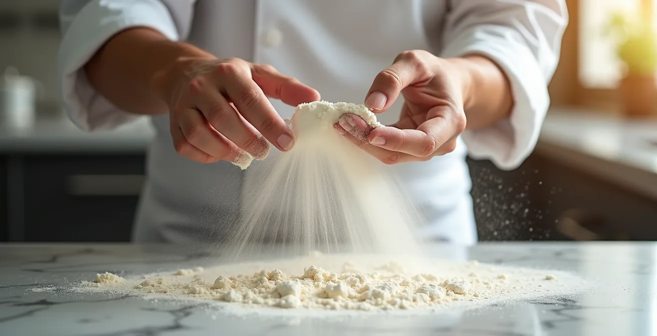 Mains expertes d'un pâtissier fleurant délicatement un plan de travail