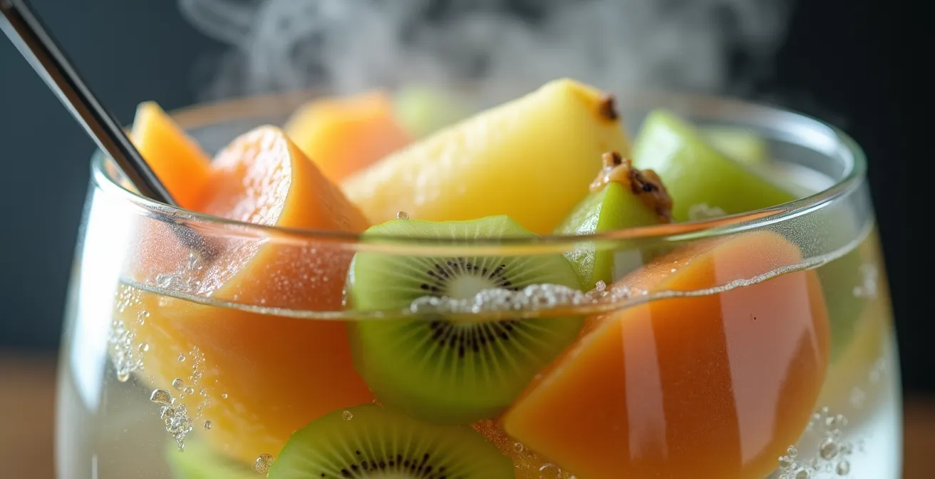 Fruits tropicaux coupés dans un bain-marie avec thermomètre indiquant la température
