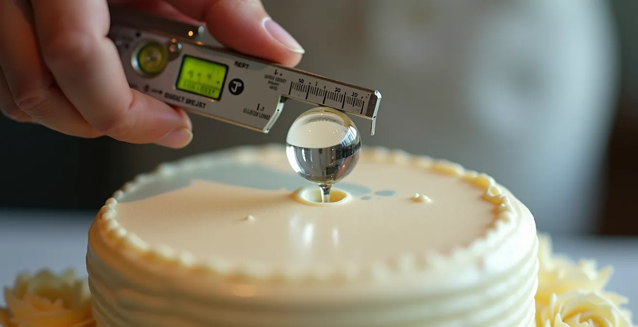 Gros plan sur un niveau à bulle posé sur le dessus d'un gâteau en cours de montage