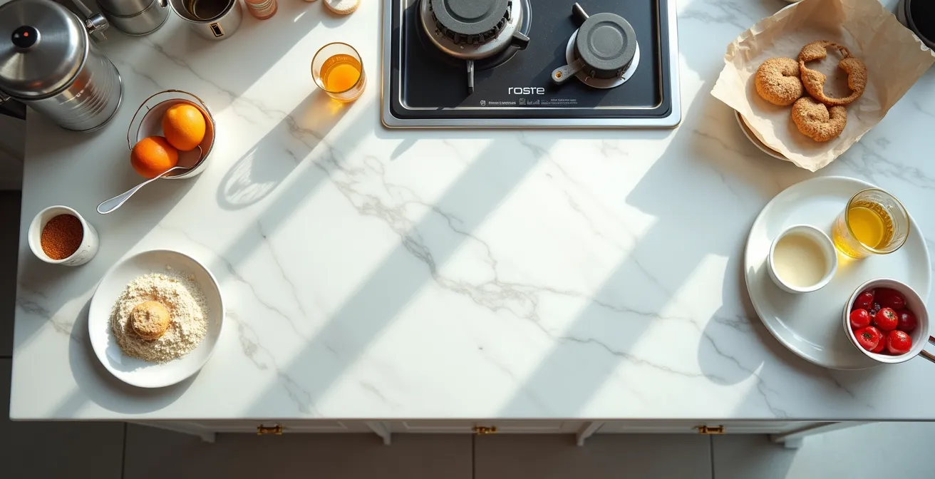 Plan de travail de pâtisserie organisé en zones distinctes avec ustensiles rangés méthodiquement