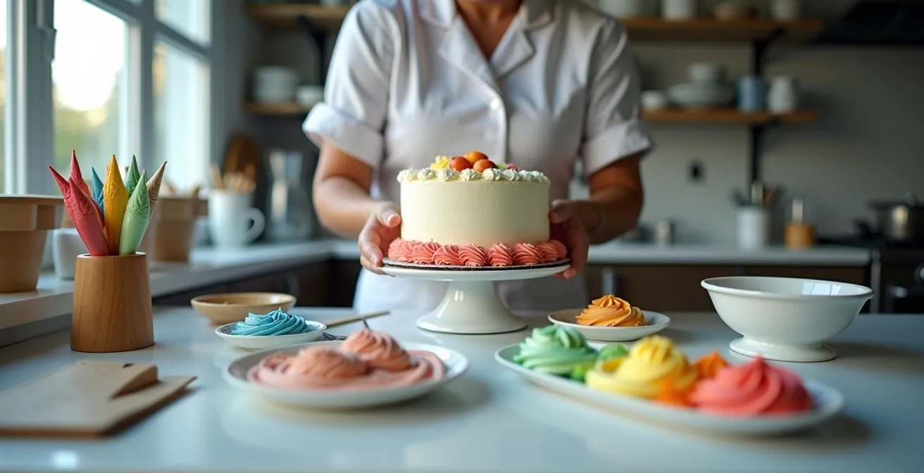 Poste de travail ergonomique pour décoration de gâteau avec mise en place complète