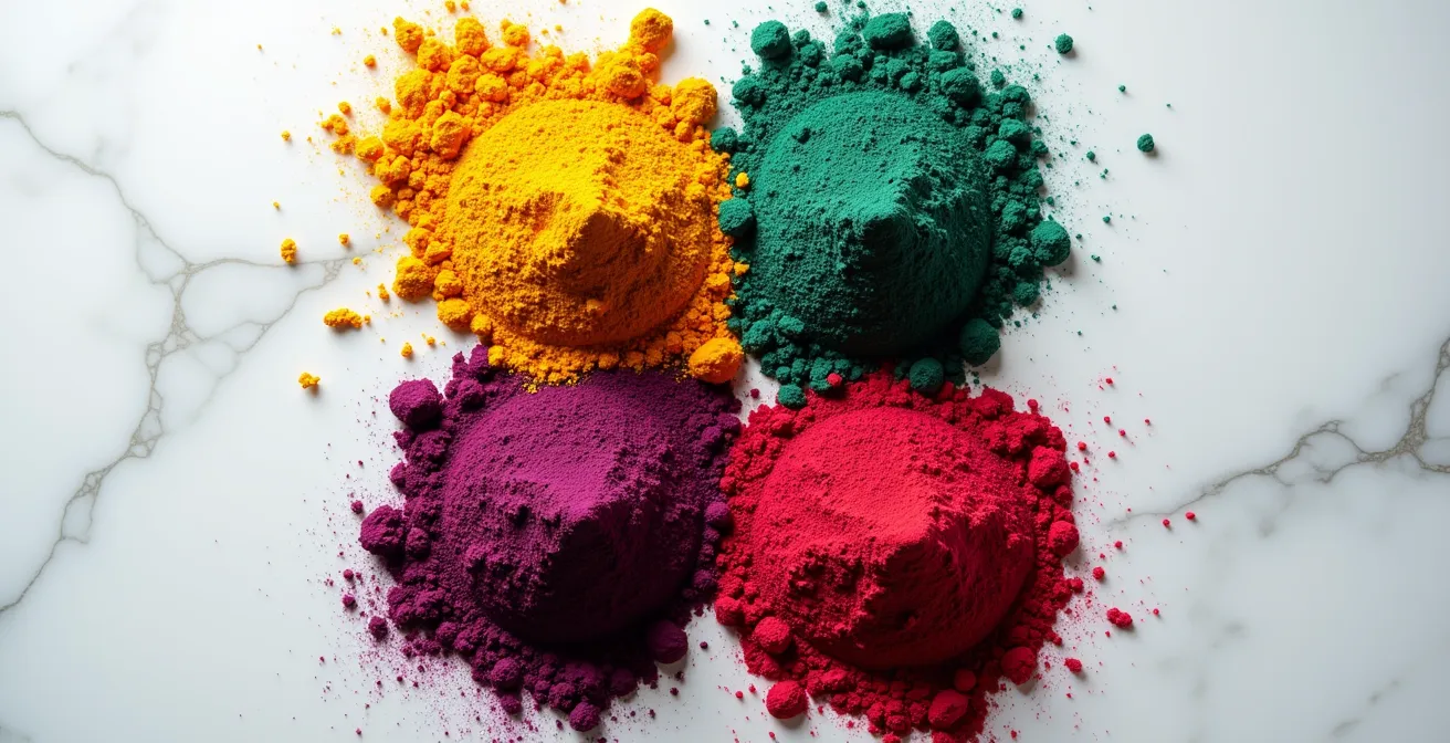 Ingrédients naturels pour colorants alimentaires disposés en palette de couleurs