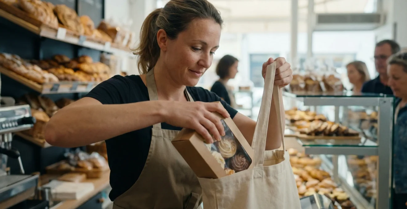 Pâtissière plaçant une boîte de cupcakes dans un cabas réutilisable en boutique artisanale